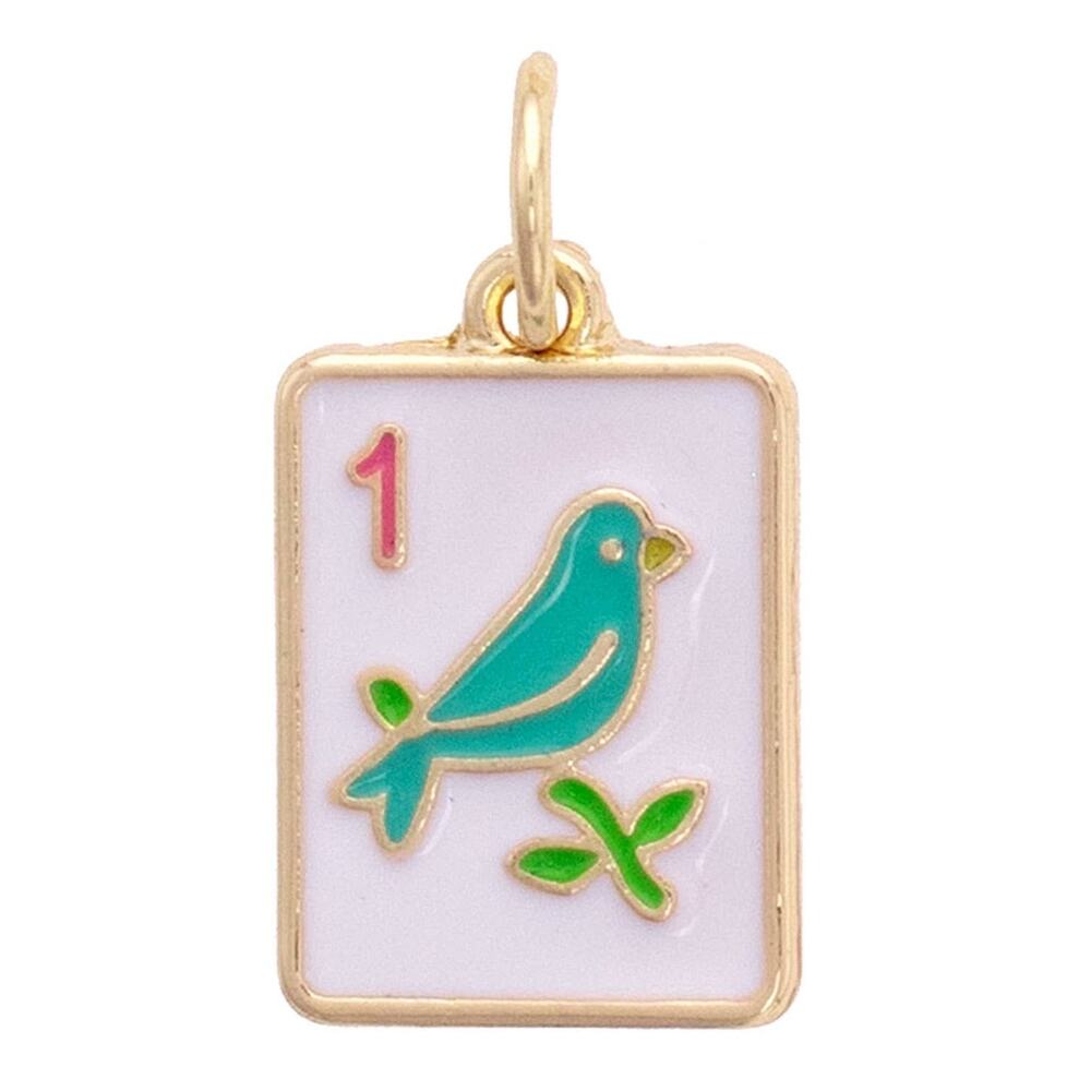 Sparrow Mahjong Tile Charm | White & Teal Gold-Plated Pendant